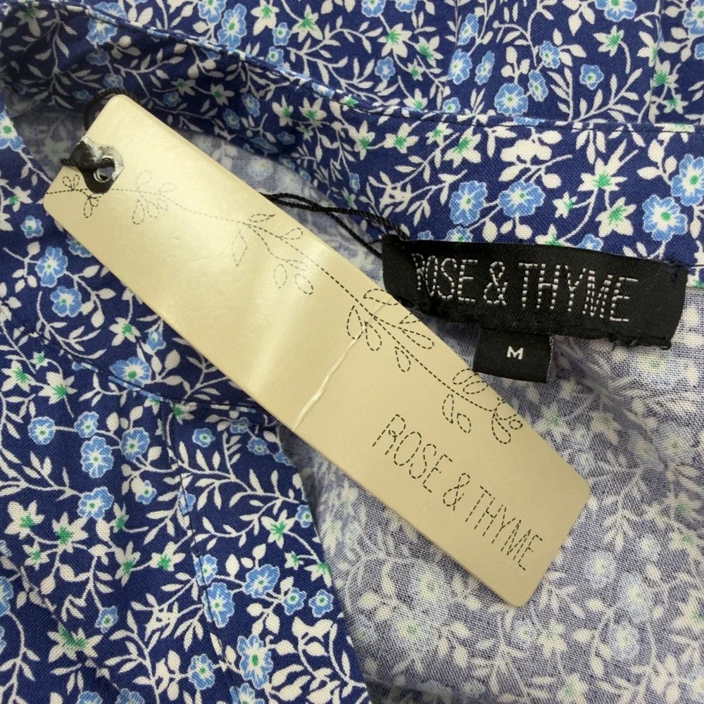 Rose & Thyme Floral Blouse Tie Sleeve V-Neck Blue M Cottagecore Boho Peasant